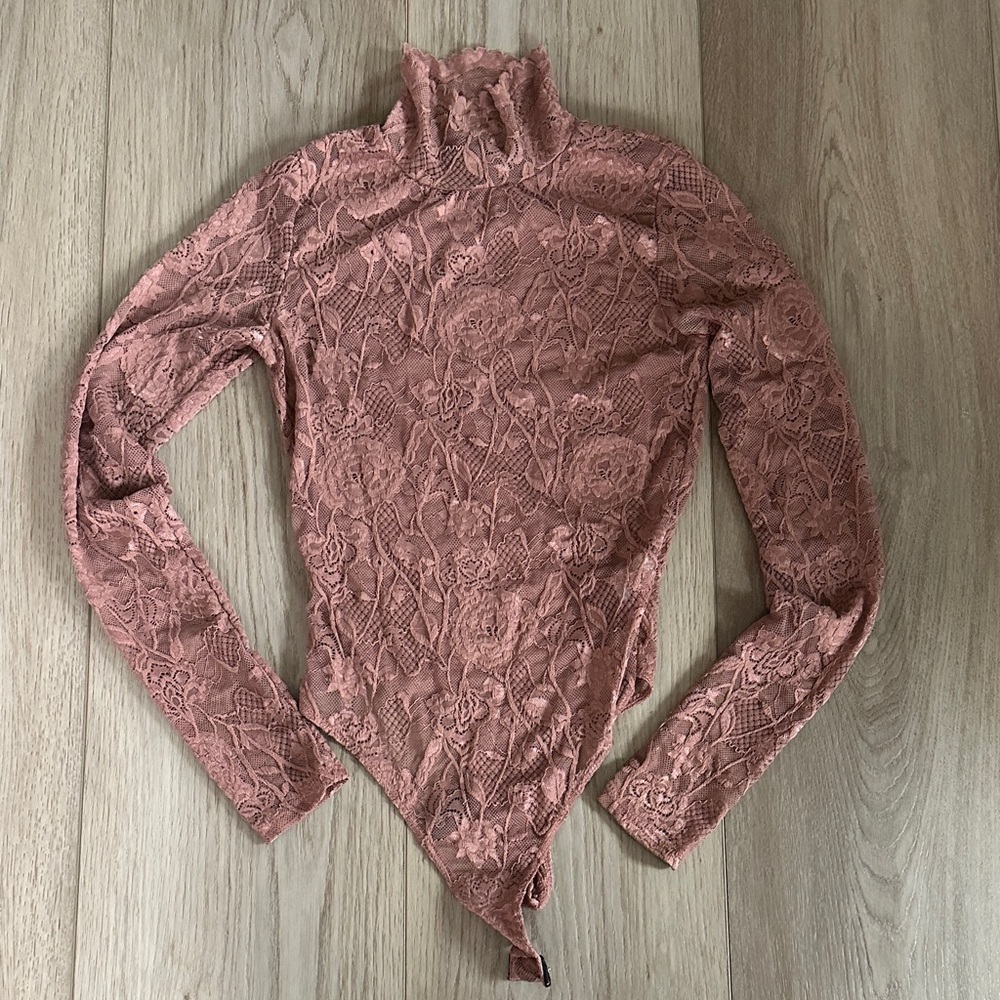 Naked Wardrobe Dusty Rose Lace Bodysuit